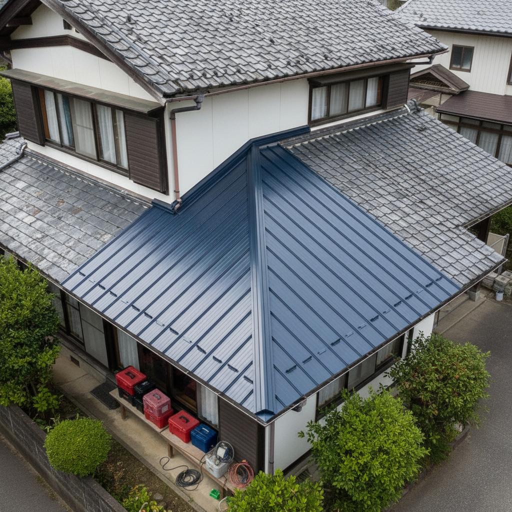 施工事例2 スレート屋根のカバー工法 既存屋根の上から金属屋根材を重ね葺き