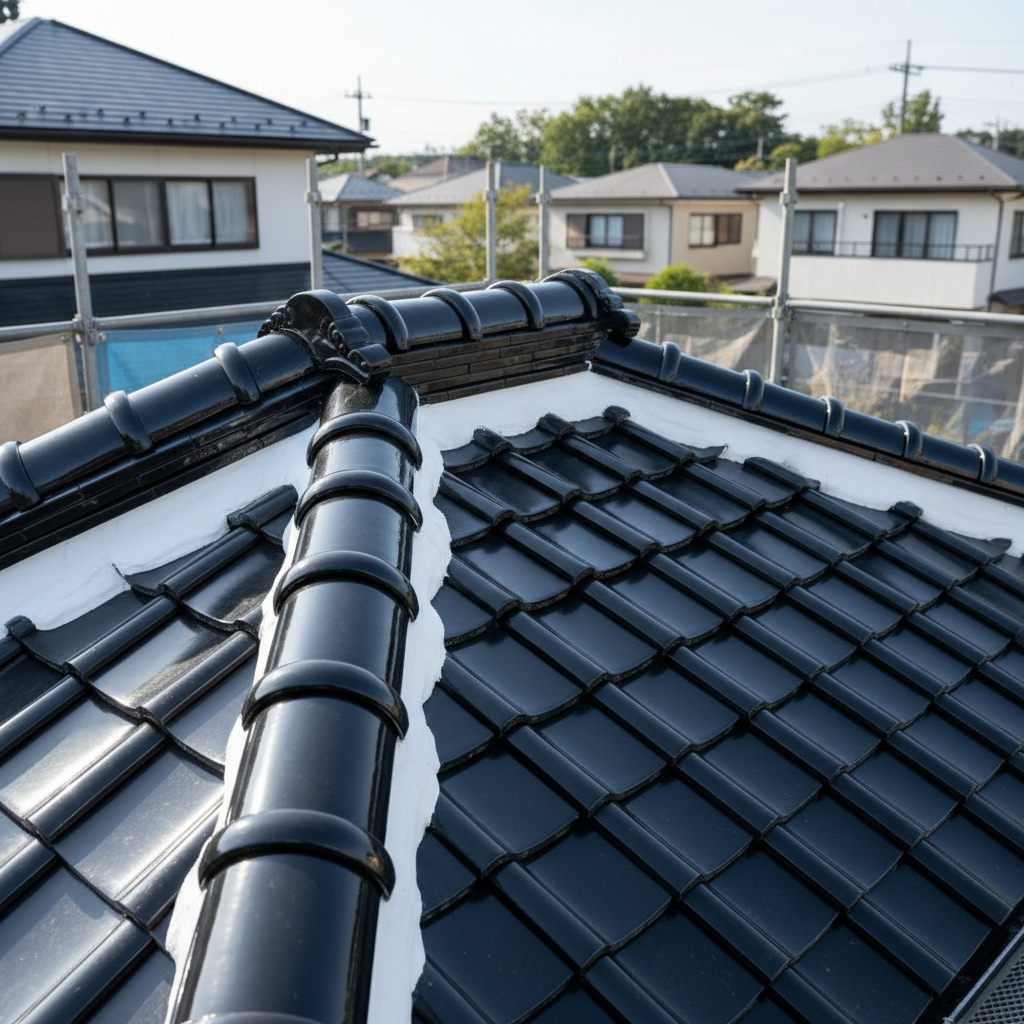 施工事例3 瓦屋根の漆喰補修 棟漆喰の詰め直し工事