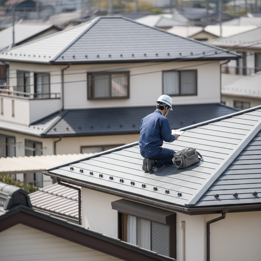 施工事例6 屋根点検 職人が屋根上で点検作業を実施